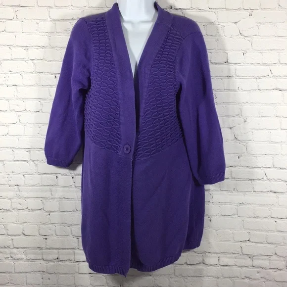 D & Co Sweater Women Size L Purple Open Large Button Mixed Design 100% Cotton - Picture 1 of 7